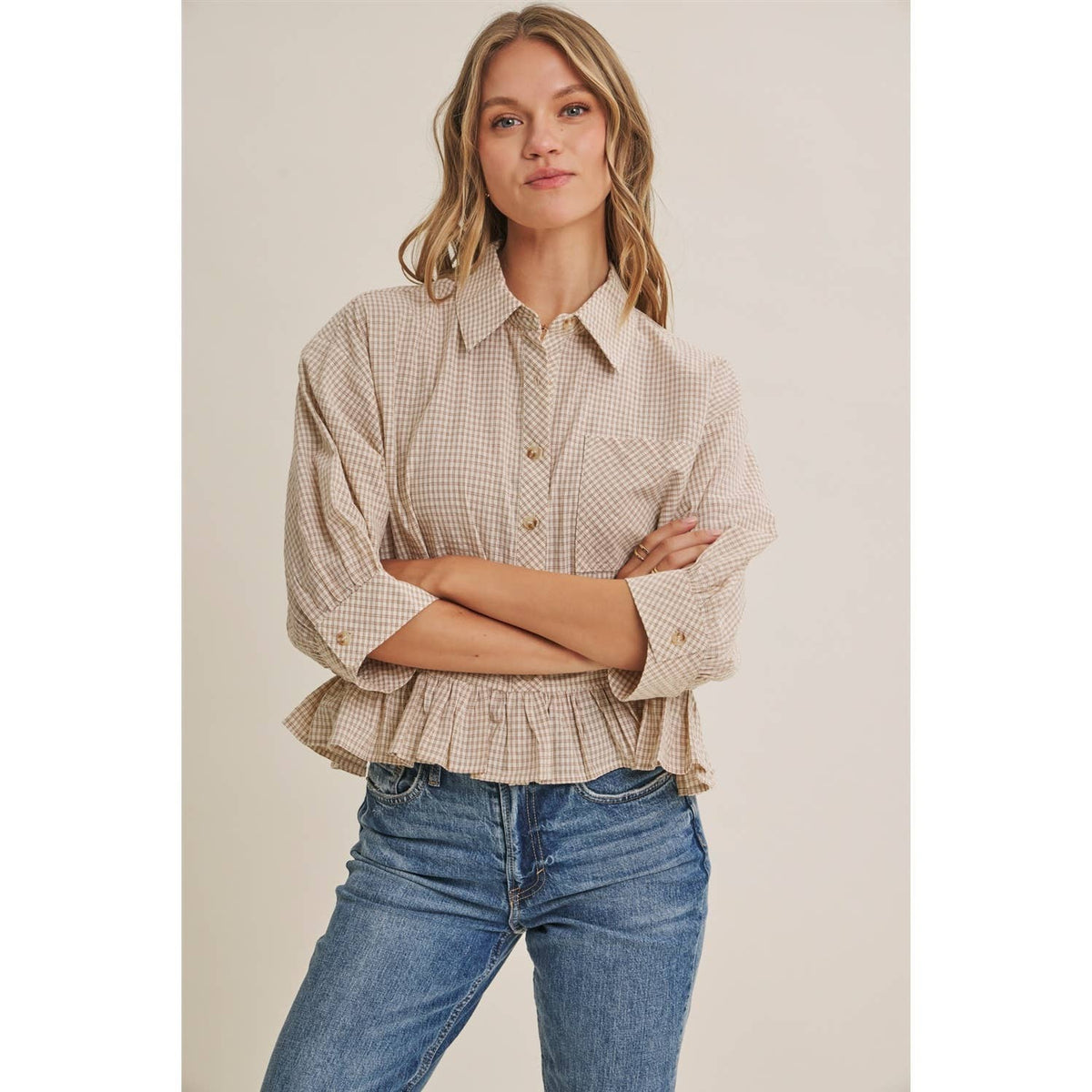 MORNING OAT MICRO CHECK RUFFLE HEM BUTTON-DOWN SHIRT: VANILLA / S