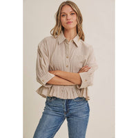 MORNING OAT MICRO CHECK RUFFLE HEM BUTTON-DOWN SHIRT: VANILLA / S