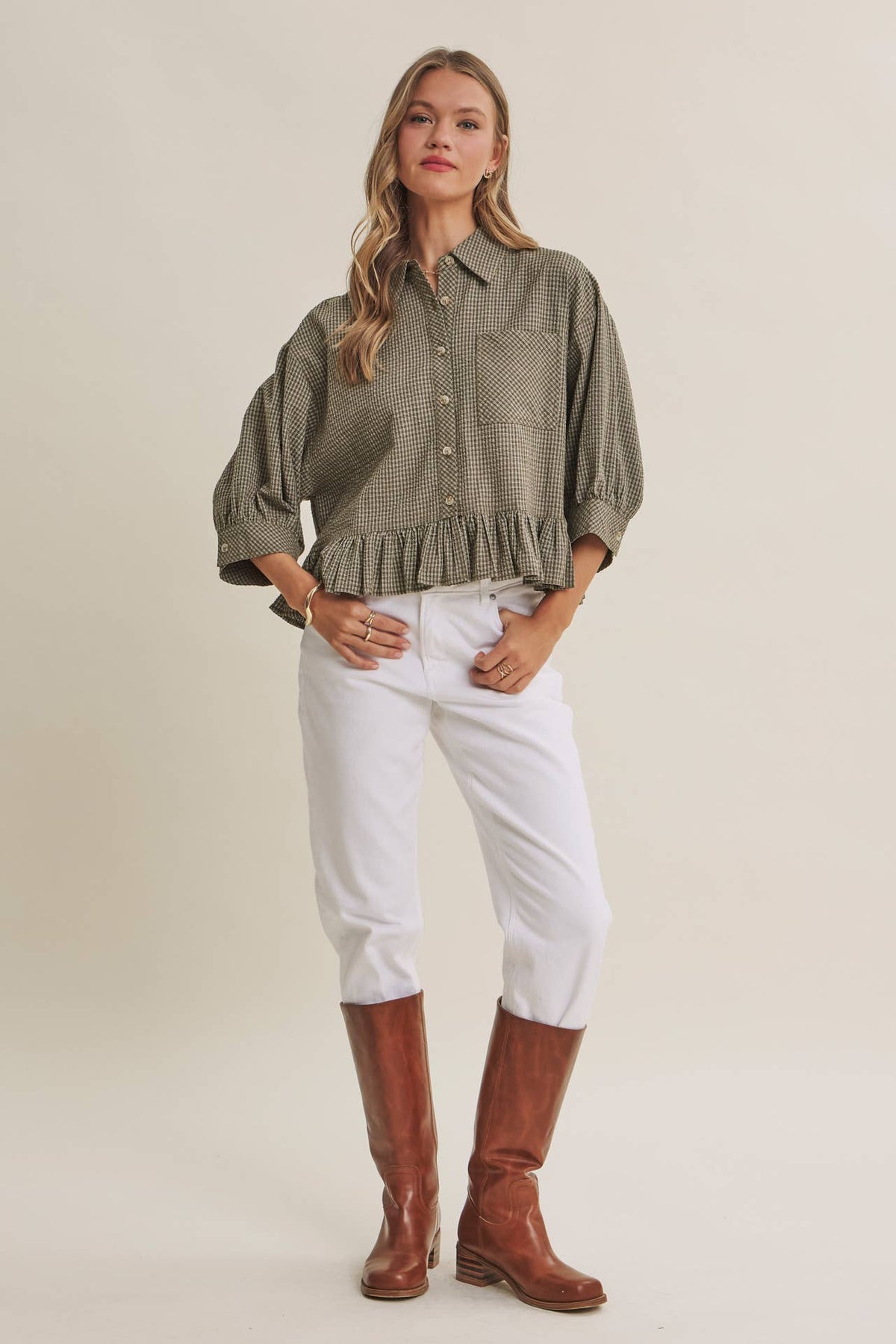 MORNING OAT MICRO CHECK RUFFLE HEM BUTTON-DOWN SHIRT: VANILLA / S