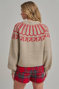 Tied with a Bow Holiday Sweater: Taupe/ Red