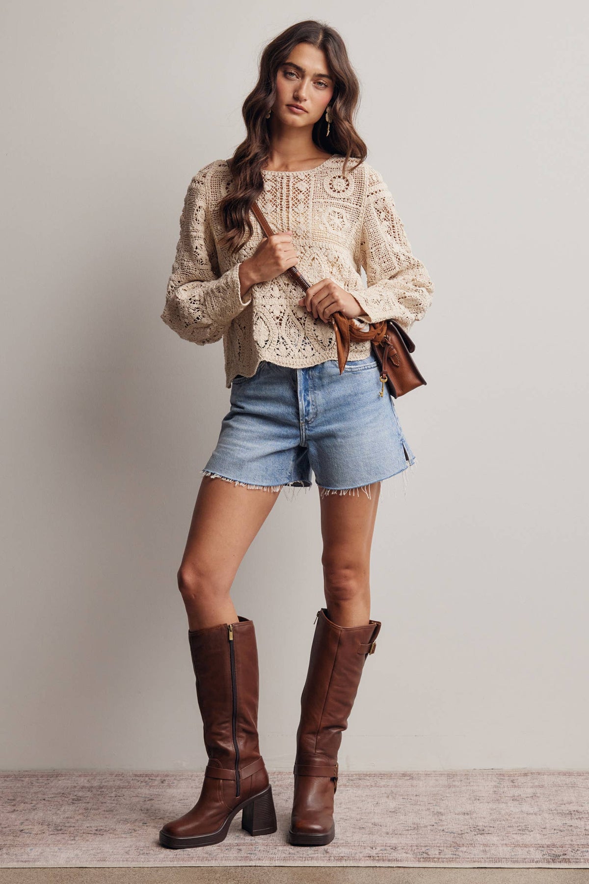 The Meadow Crochet Lace Long Sleeve Top: Ecru