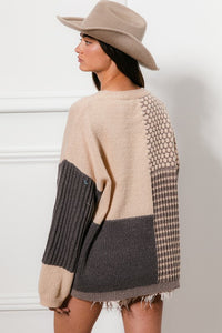 Isla Mixed Pattern Cozy Sweater: Oatmeal/Navy/ Grey