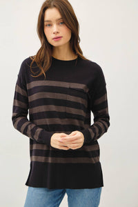 The Finley Striped Pocket Sweater: Charcoal – Relaxed Everyday Knit Sweater