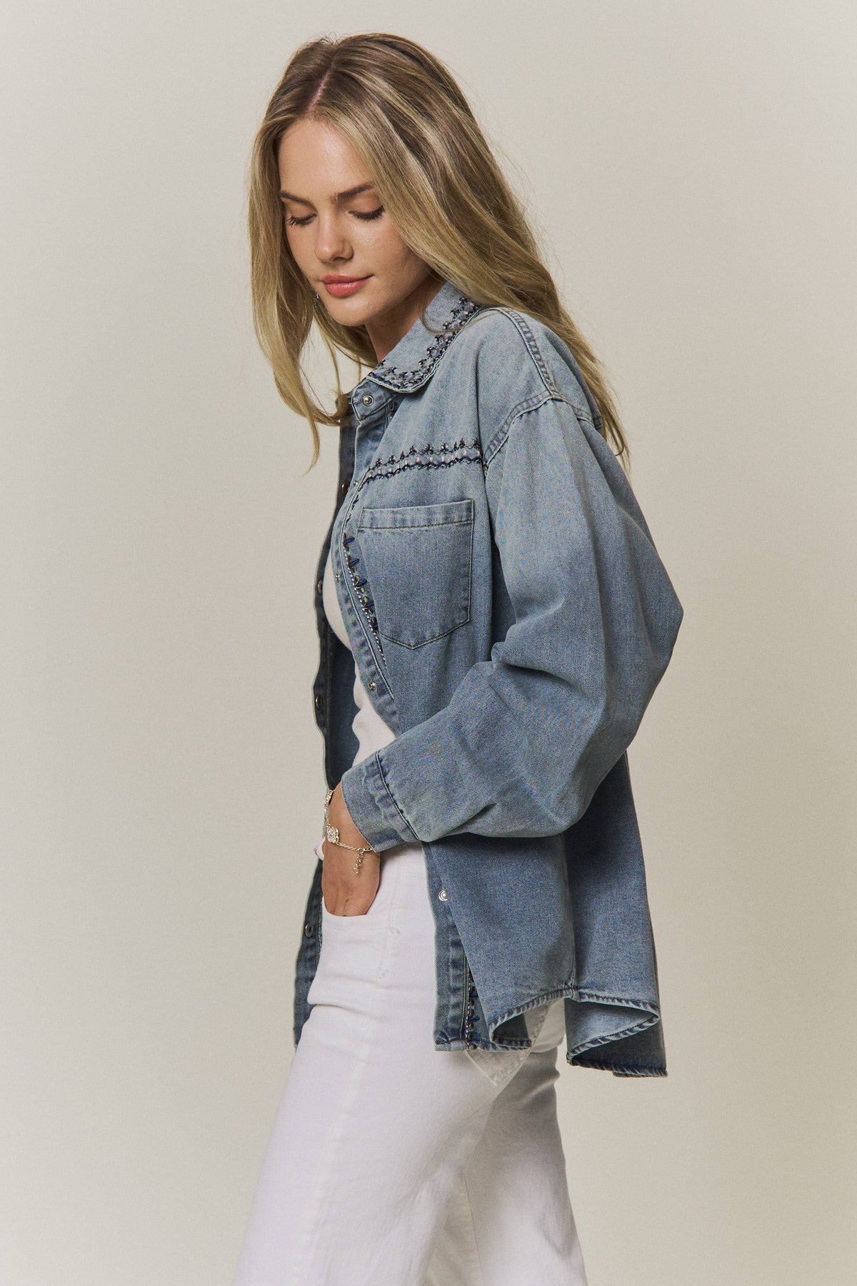 Maren Embroidered Denim Button-Up Shacket: Medium Wash