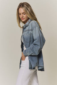 Maren Embroidered Denim Button-Up Shacket: Medium Wash