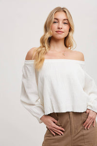 Mikey Linen Off the Shoulder Balloo Hem Top: Ivory