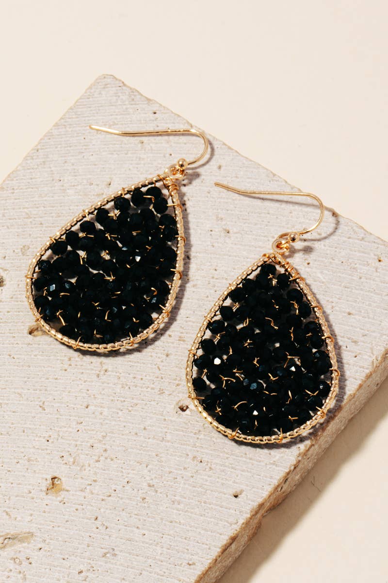 Faceted Beaded Tear Dangle Hook Earrings: Black/Gold