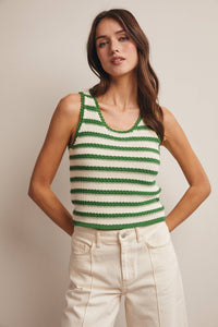The Poppy Striped Crochet Tank: Green  – Sleeveless Textured Knit Summer Top