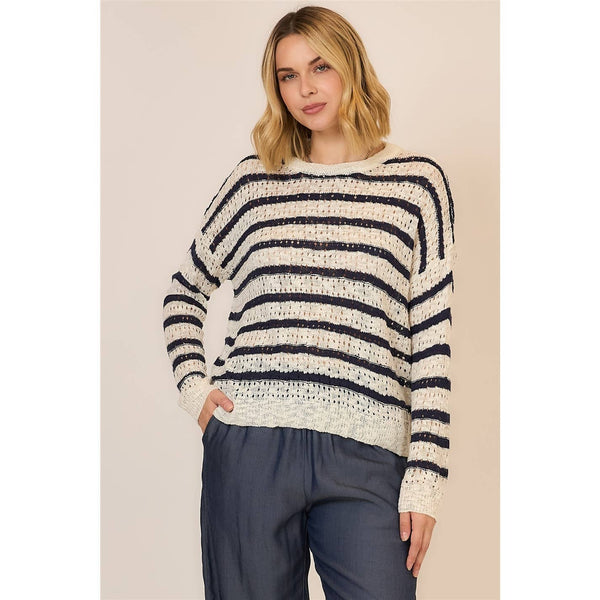 Classic Stripe Open Knit Sweater: Off White/Navy