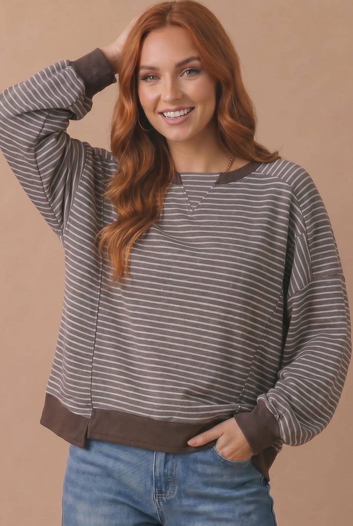 The Plot Twist Stripe Pullover: Brown/ Grey Stripe
