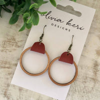 Cherry Wood & Leather Hoop Earrings – Lightweight Statement Earrings with Antique Bronze Hooks