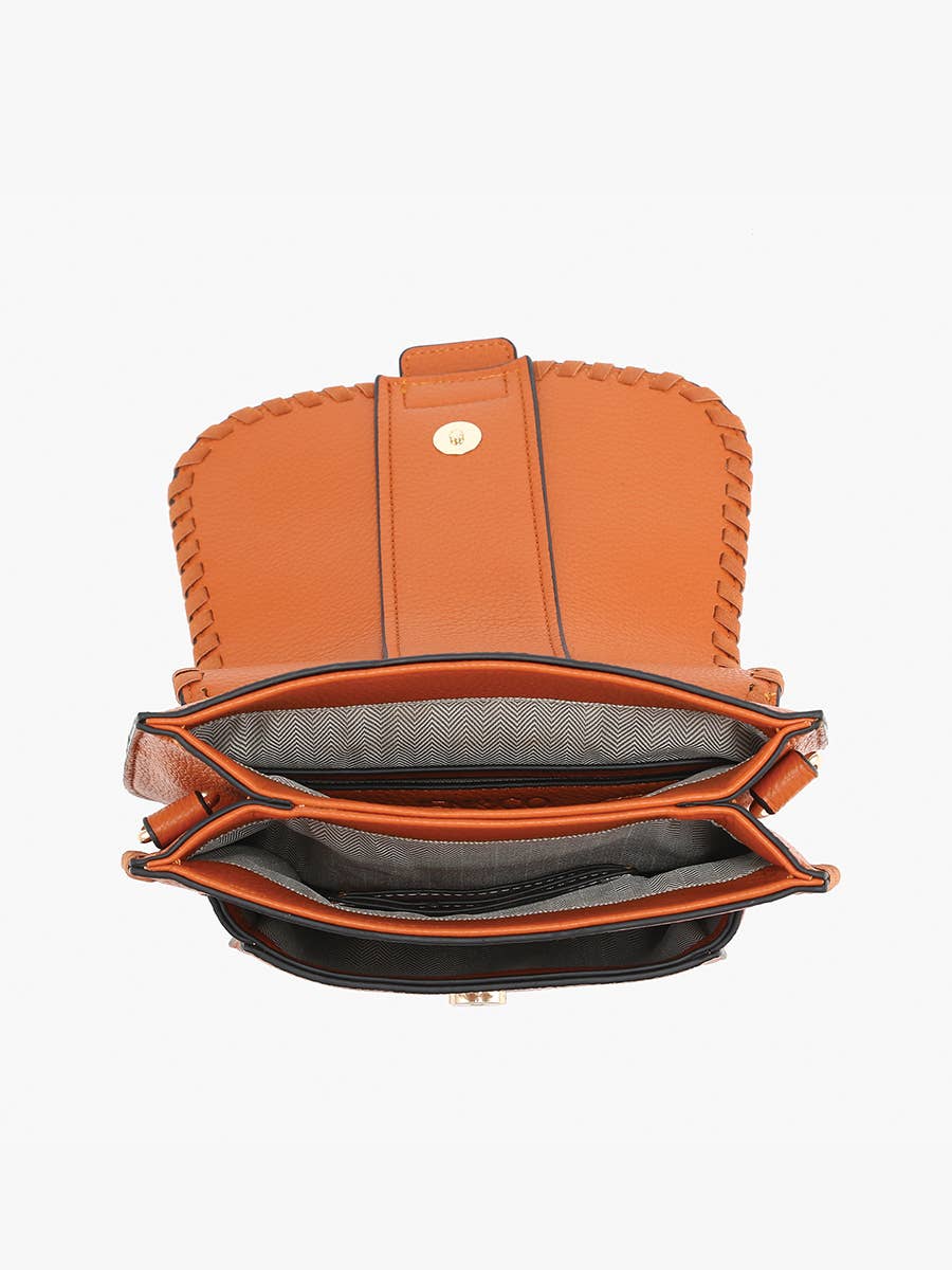 Jen & Co. Sandra Buckle Flapover Crossbody – Vegan Leather Whipstitch Bag