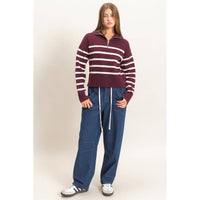 Varsity Stripe Quarter Zip Sweater: Dark Cherry