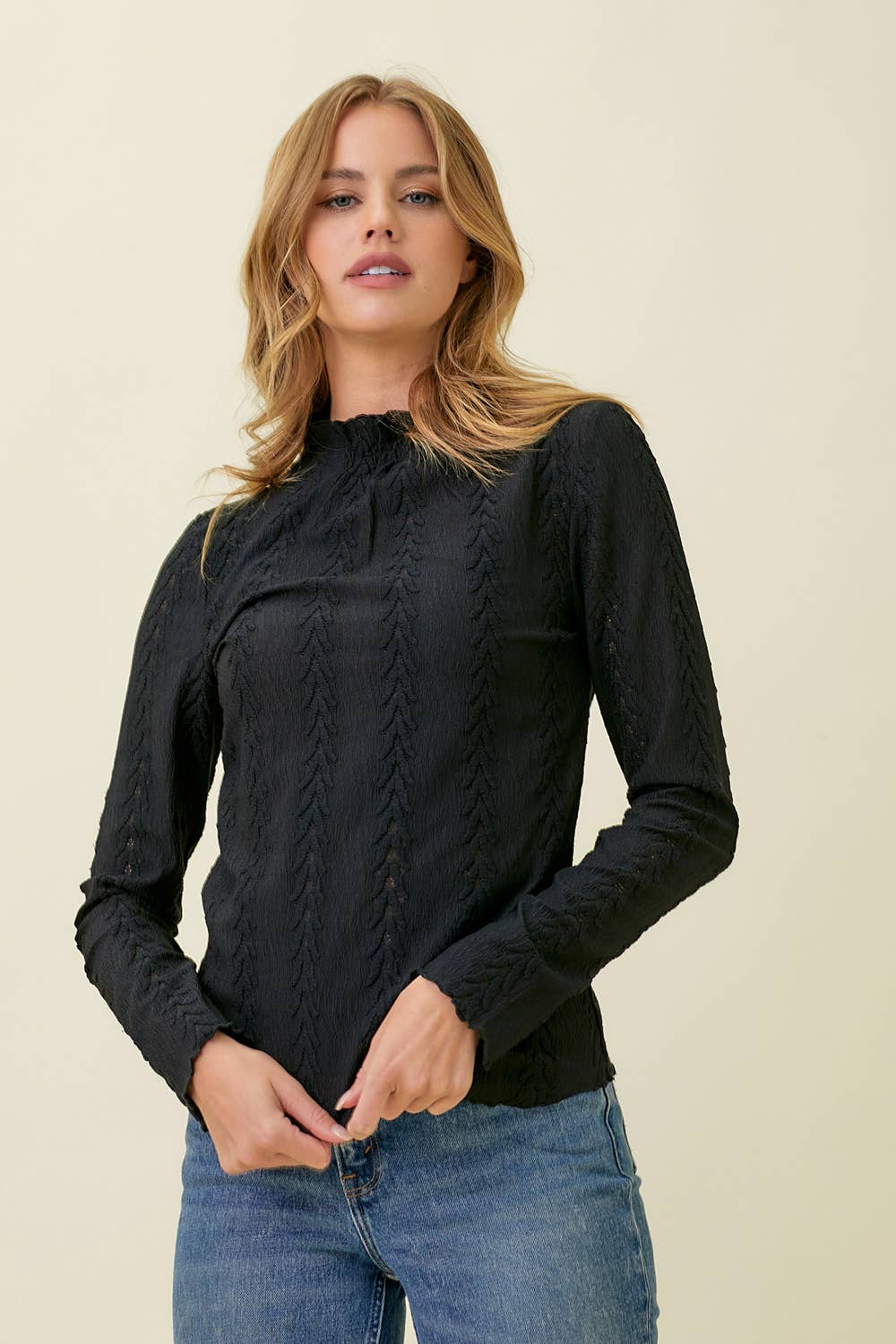 Caroline Textured Long Sleeve Blouse: Black