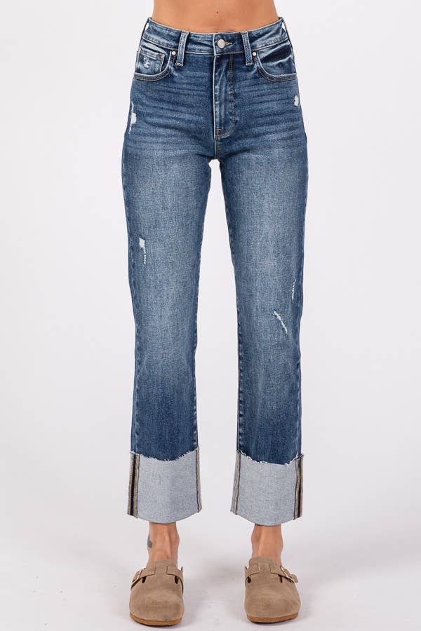 Remi High Rise Slim Straight Jeans – Dark Wash Cuffed Denim with Raw Hem