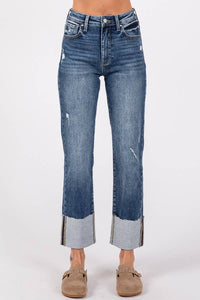 Remi High Rise Slim Straight Jeans – Dark Wash Cuffed Denim with Raw Hem