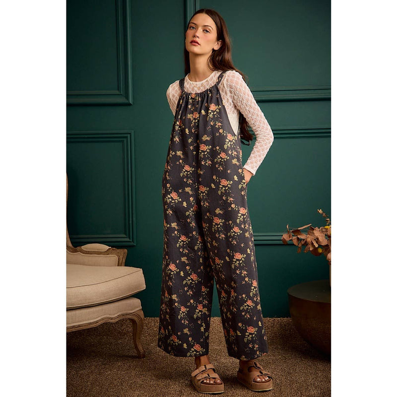 Rosewood Floral Wide Leg Overall Jumpsuit
