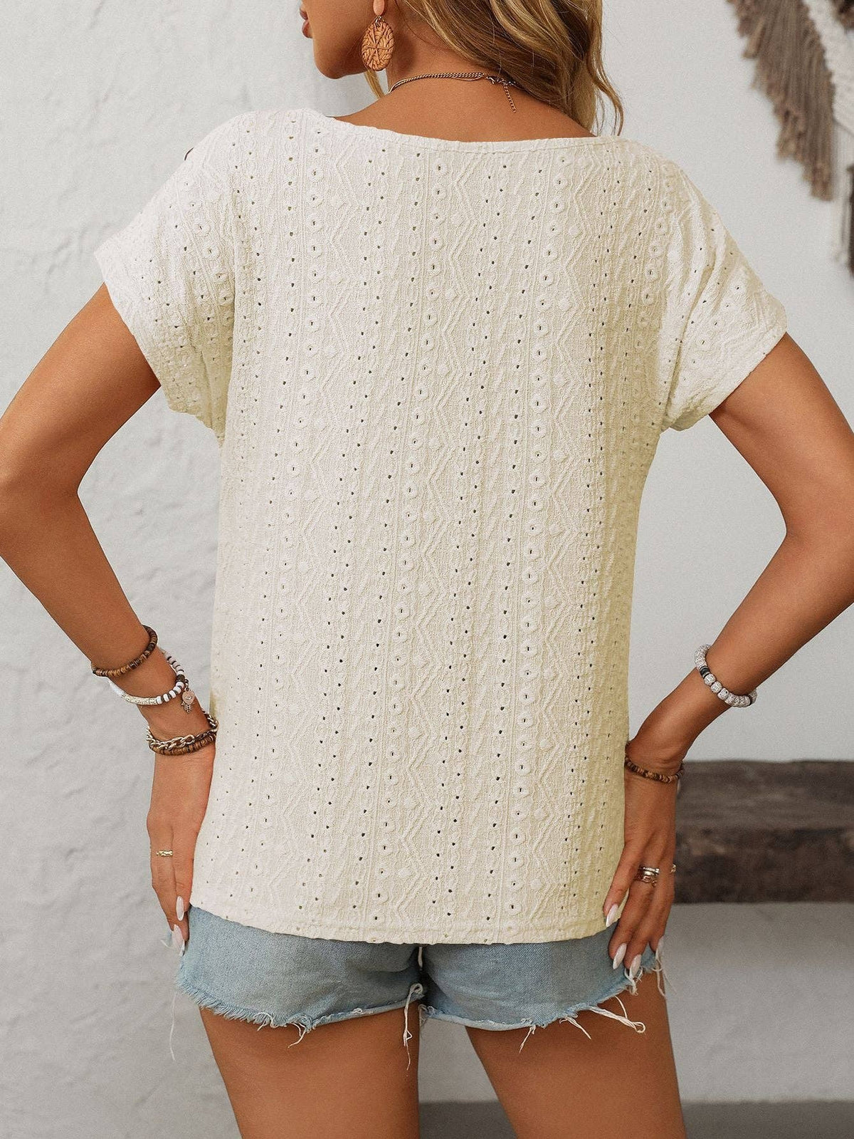 The Emery Eyelet Button Shoulder Top – Cream Textured Boho Tee