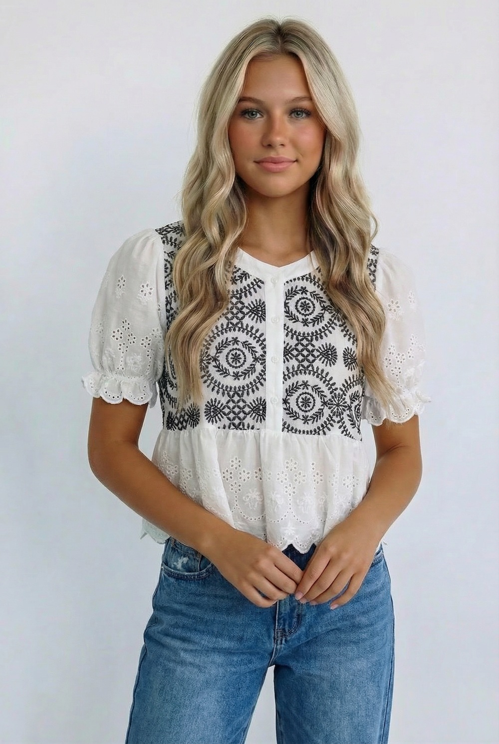 The Lila Embroidered Peplum Top: White