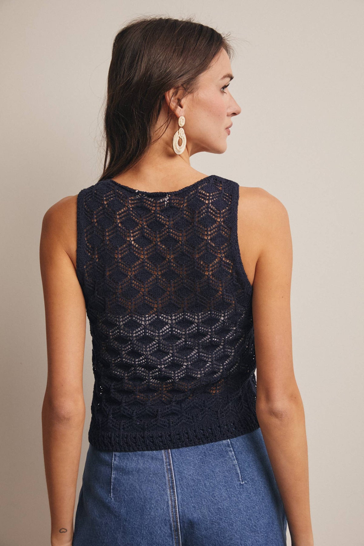 The Lainey Crochet Knit Tank: Navy – Sleeveless Open Knit Lightweight Sweater Top