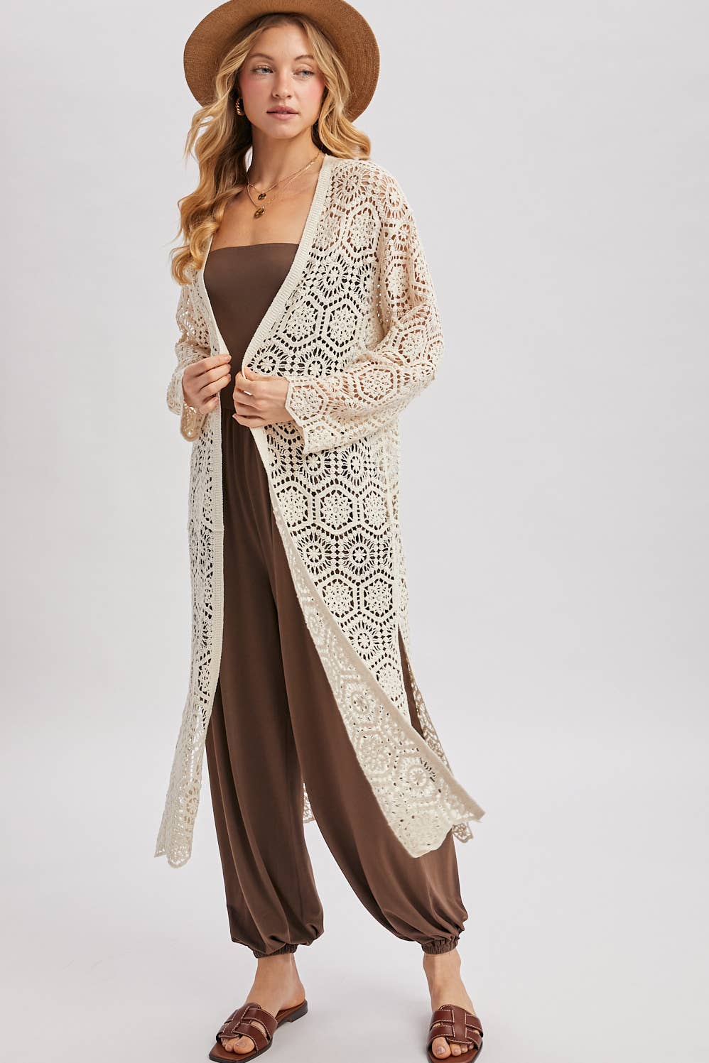 BOHO LONG LINE SIDE SLIT CROCHET CARDIGAN: NATURAL