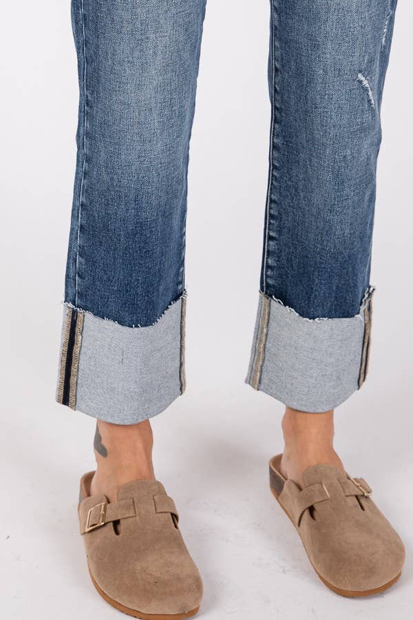 Remi High Rise Slim Straight Jeans – Dark Wash Cuffed Denim with Raw Hem