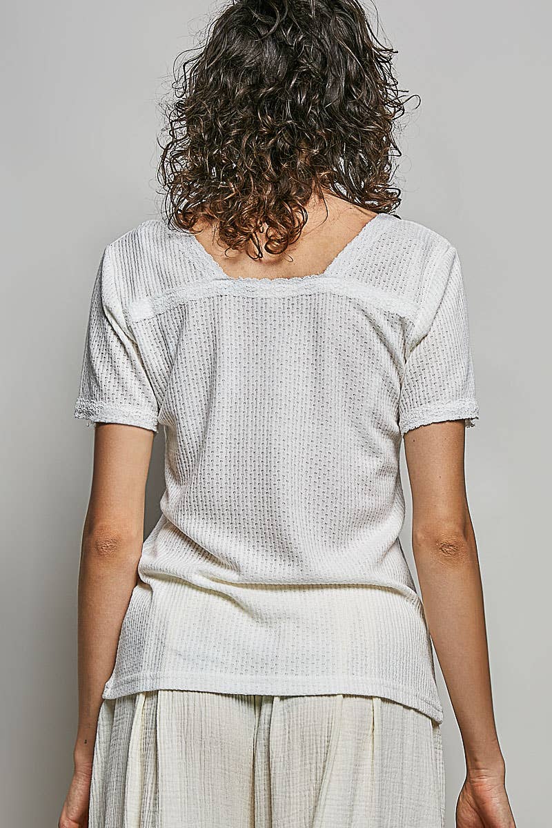 The Clara Lace Trim V Neck Top: Natural – Short Sleeve Textured Knit Everyday Basic