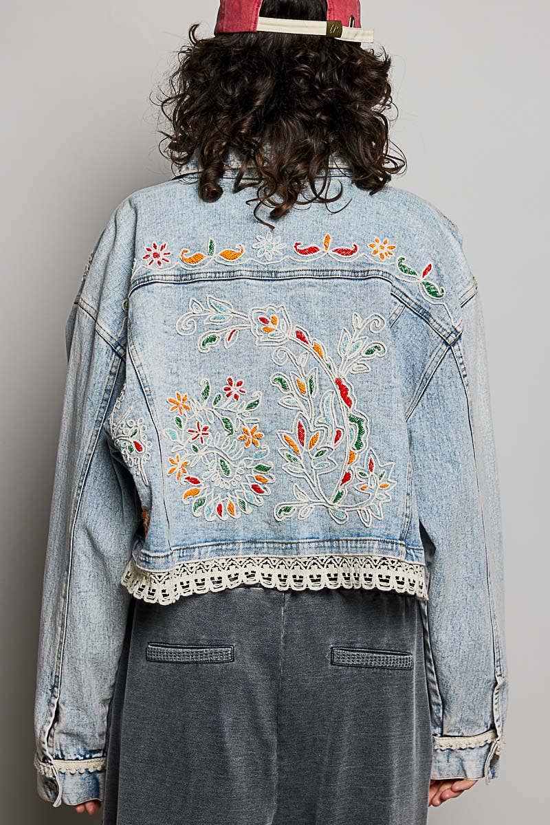 Magnolia Mae Embroidery Lace Trim Denim Jacket