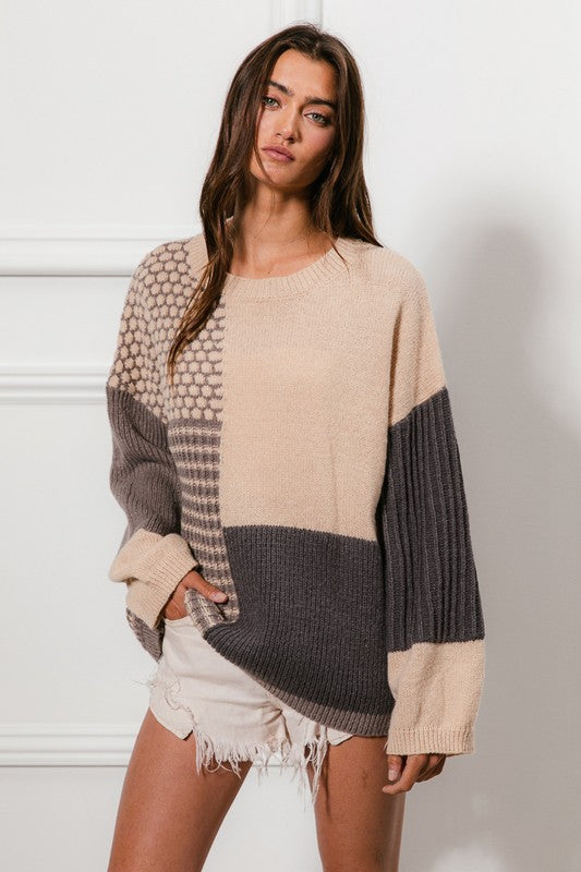 Isla Mixed Pattern Cozy Sweater: Oatmeal/Navy/ Grey