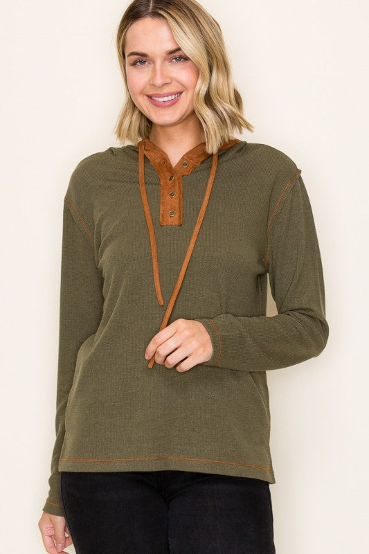 The Aspen Suede Trim Waffle Hoodie – Olive Green