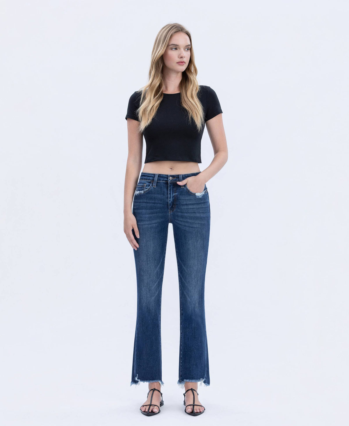 HIGH RISE FRAYED HEM KICK FLARE JEANS T5414: CHEMICAL MOOD / 24