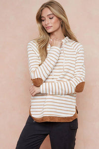 Paige Striped Hoodie Top With Elbow Patch: Toffee