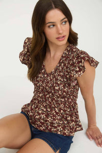 The Willa Smocked Floral Peplum Top – Burgundy Ruffle Sleeve Blouse