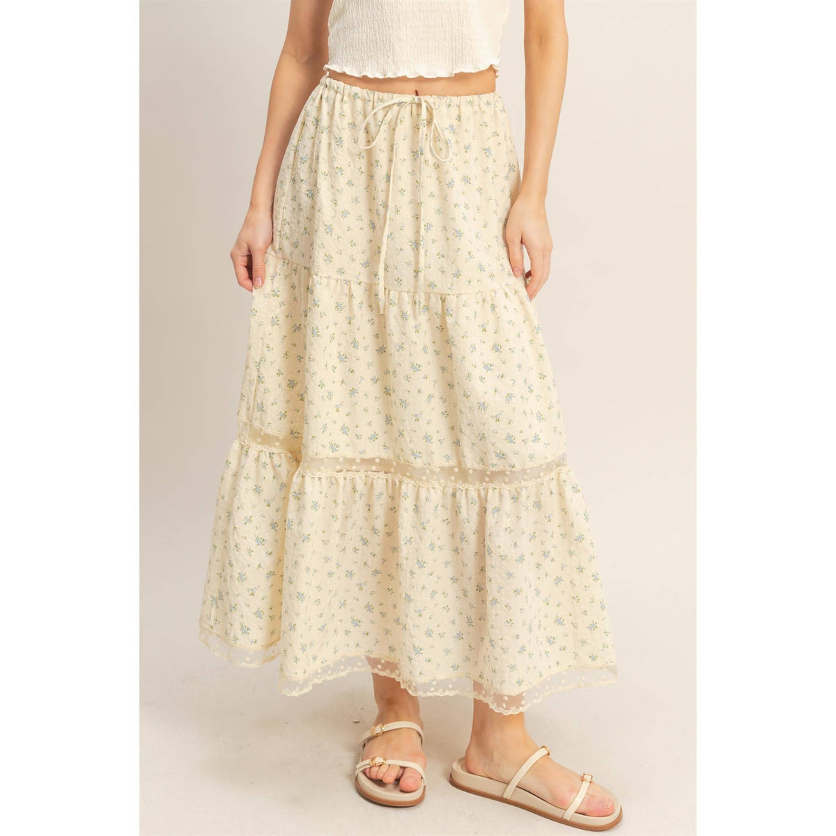 The Willow Lace Tiered Skirt: Cream/Brown Floral