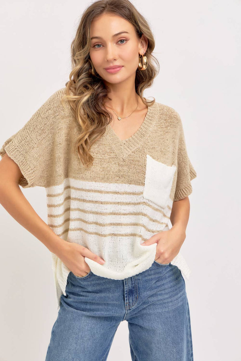 Isla Slouchy Striped Knit Top – Oversized V-Neck Sweater Tee