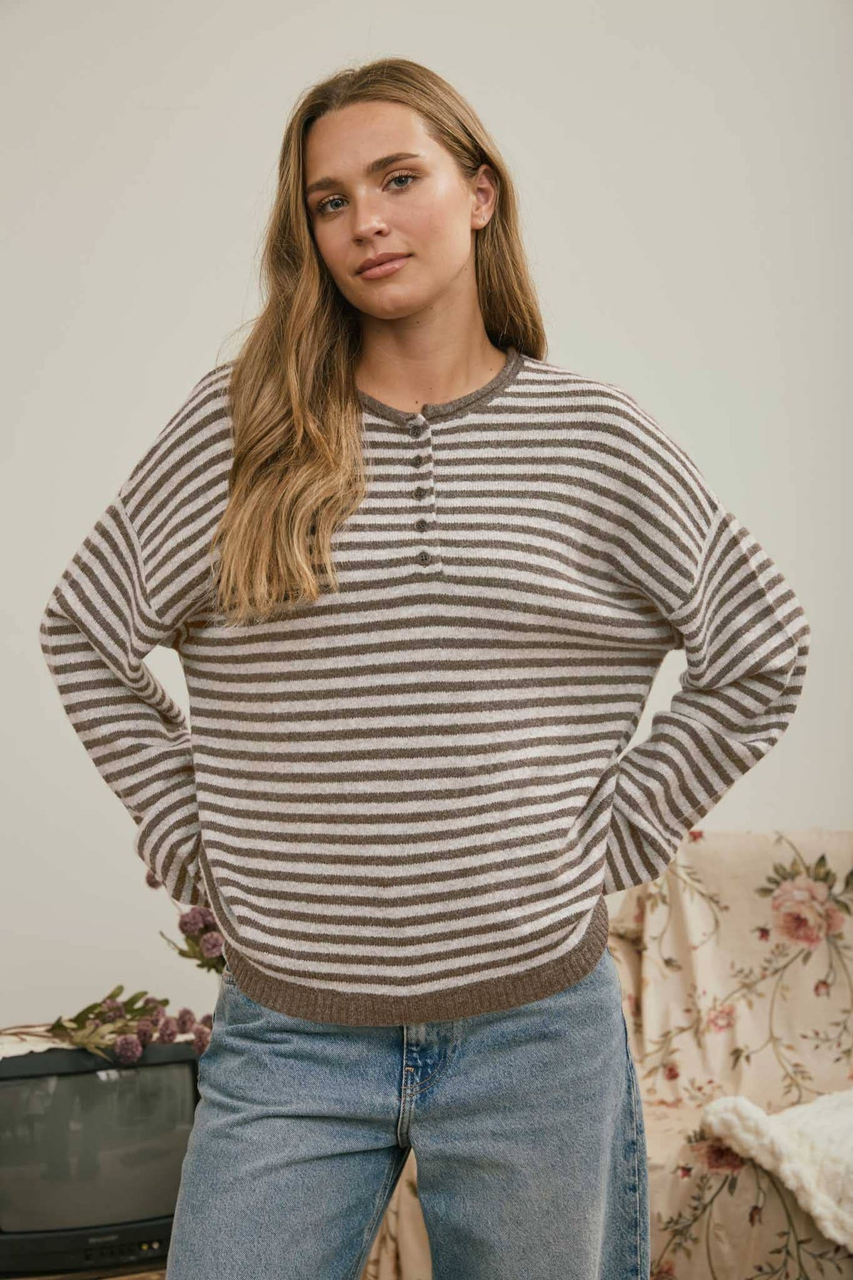 Coffee Run Stripe Henley Sweater: Mocha
