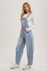 Juniper Barrel Leg Denim Overalls – Vintage Medium Wash Barrel-Leg Overalls with Adjustable Straps