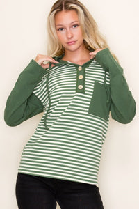 Brinley Striped Half-Button Hoodie – Color-Blocked Long Sleeve Top with Chest Pocket