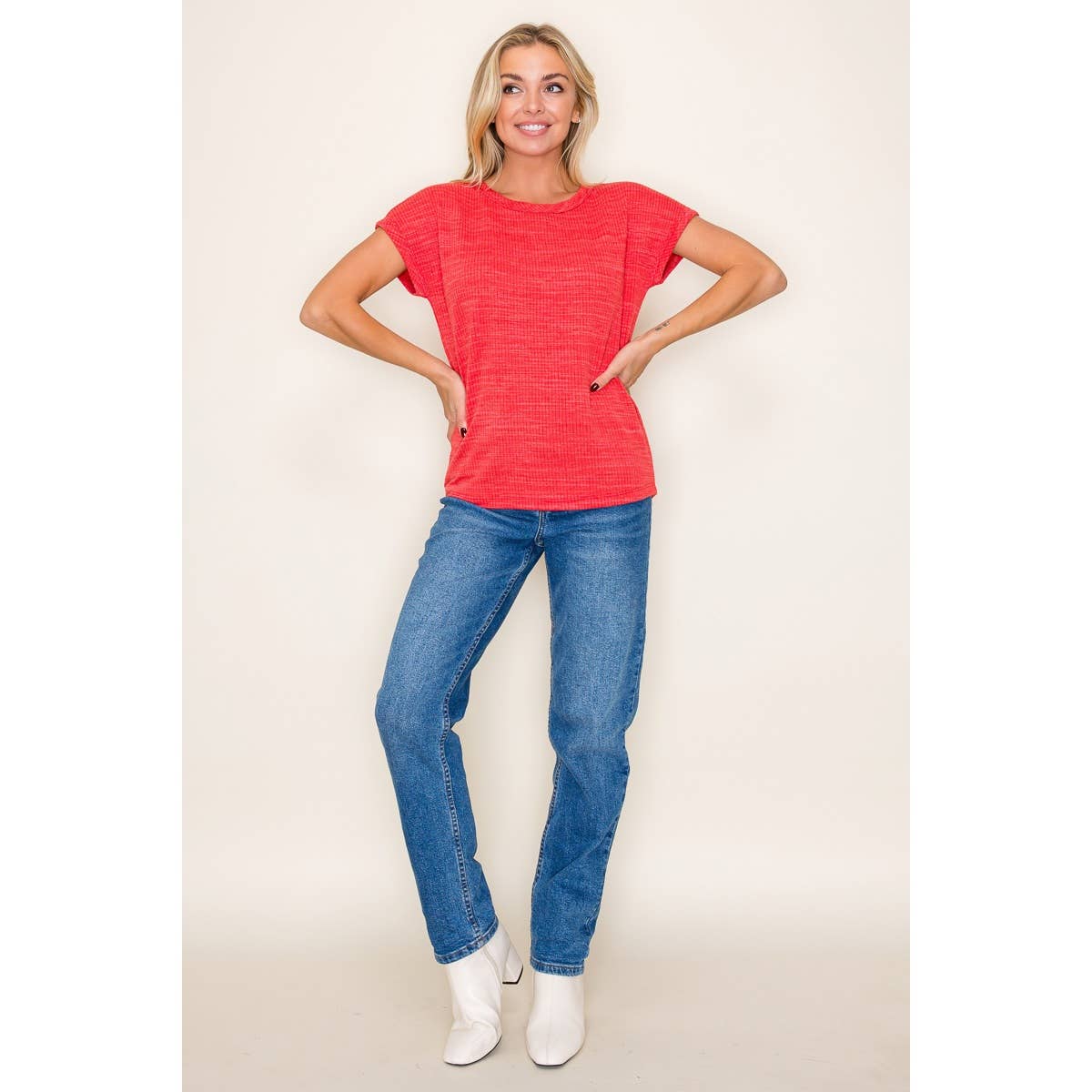 Sadie Red Crew Neck Textured Knit Top | Casual Short Sleeve Tee