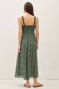 The Everly Floral Midi Dress: Agave Green – Smocked Bodice Ruffle Strap Fit & Flare Dress