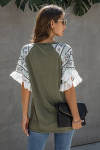 Nik Boho Ruffle Sleeve Top: Olive