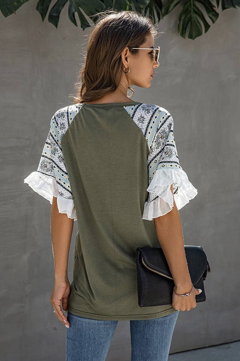 Nik Boho Ruffle Sleeve Top: Olive