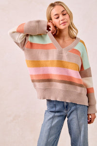 The Mabel Multi Stripe V-Neck Sweater – Pastel Rainbow Knit Pullover