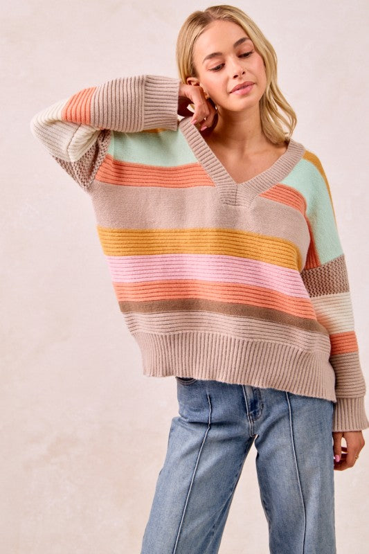 The Mabel Multi Stripe V-Neck Sweater – Pastel Rainbow Knit Pullover