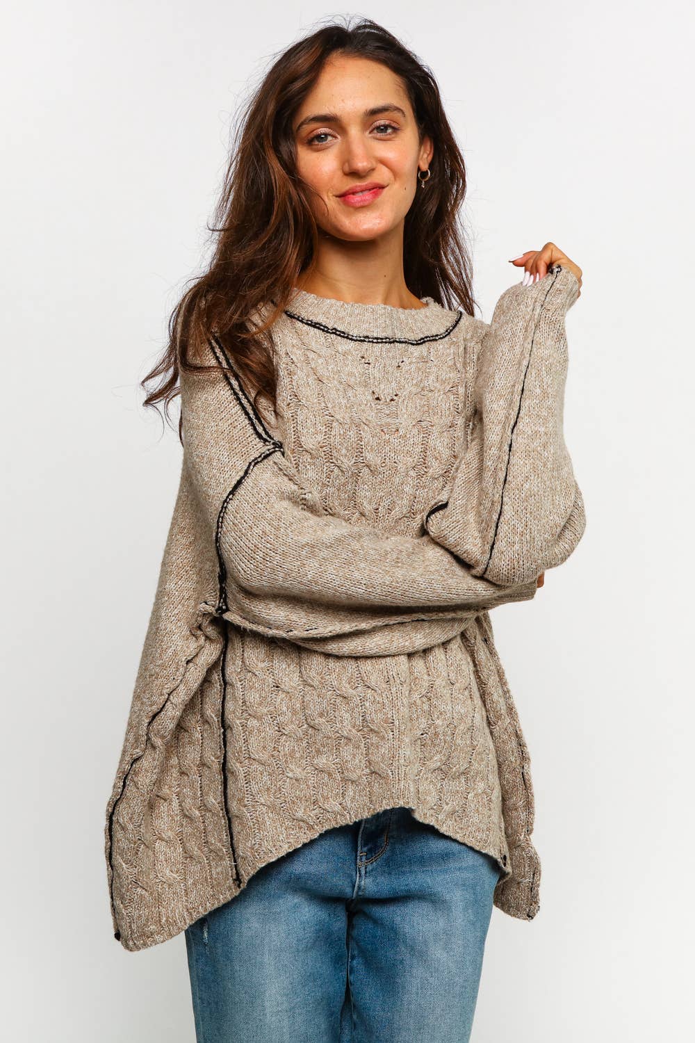 Lanie Color-Stitch Cable Knit Sweater – Oversized Round Neck Pullover | Northern Belle Boutique