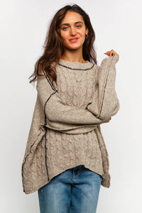 Lanie Color-Stitch Cable Knit Sweater – Oversized Round Neck Pullover | Northern Belle Boutique