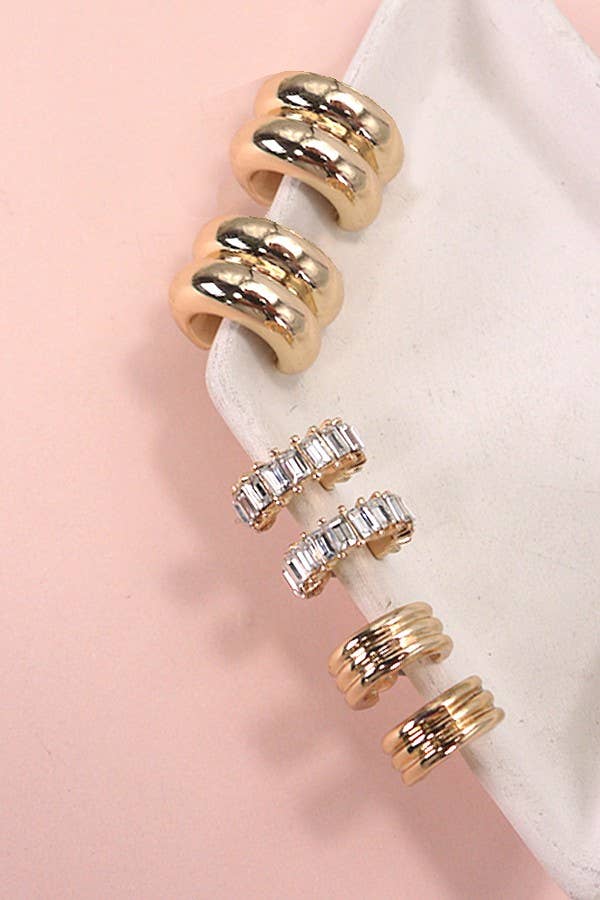 Gold Baguette Stone Double Hoop Huggie Earrings – Hypoallergenic Lightweight Minimalist Jewelry