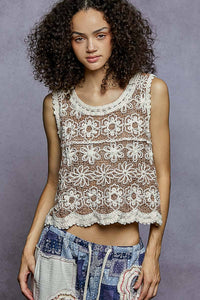 Daisy Floral Crochet Sleeveless Tank: Natural/Camel