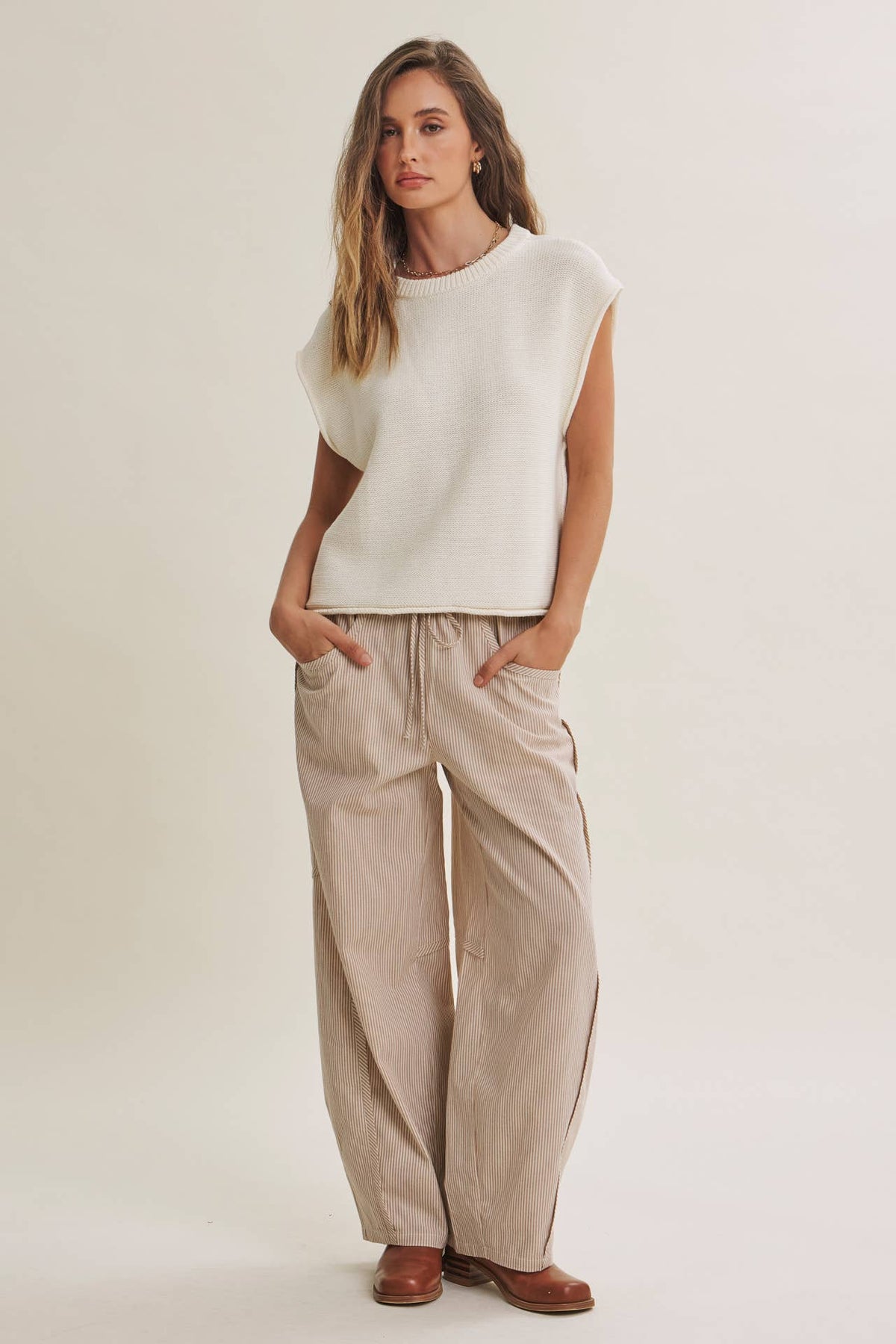 ALL ABOUT COMFORT ELASTIC STRIPE COTTON BARREL PANTS: DK. GREEN / L