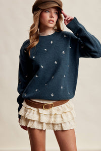 Tiny Details Embroidered Sweater: Emerald